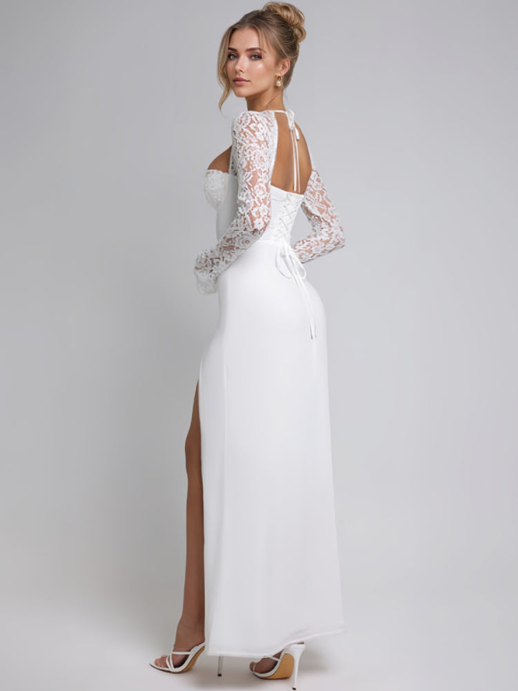 White Maxi Dress With High-slit Lace Long Sleeve Sexy Bodycon Long Dress For Women 2026