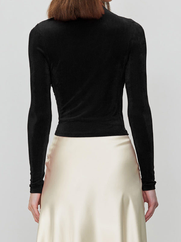 Basic T-Shirt For Women Long Sleeves Pleated Half Turtleneck Slim Fit Spring Tops 2026