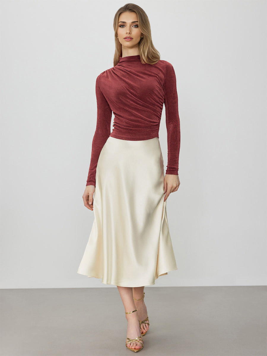 Basic T-Shirt For Women Long Sleeves Pleated Half Turtleneck Slim Fit Spring Tops 2026