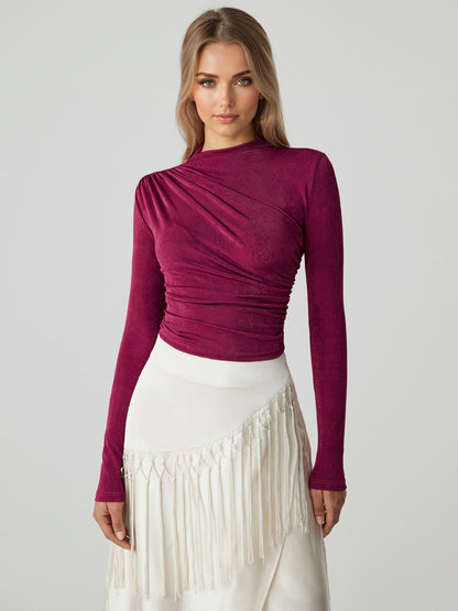 Basic T-Shirt For Women Long Sleeves Pleated Half Turtleneck Slim Fit Spring Tops 2026