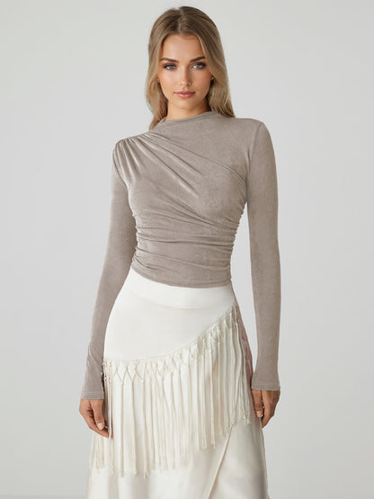 Basic T-Shirt For Women Long Sleeves Pleated Half Turtleneck Slim Fit Spring Tops 2026