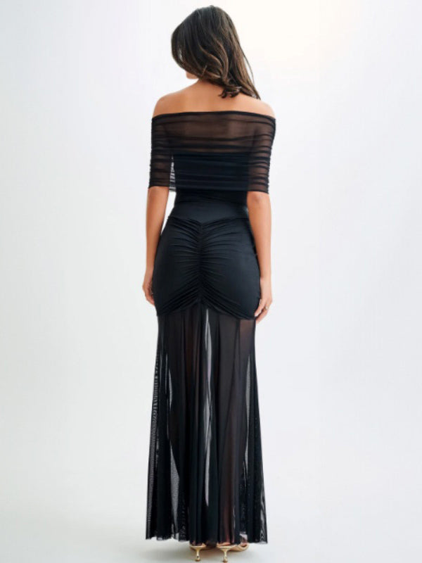 Pleated Maxi Dresses Off-Shoulder Sheer Semi-formal Party Long Dress For Women 2026