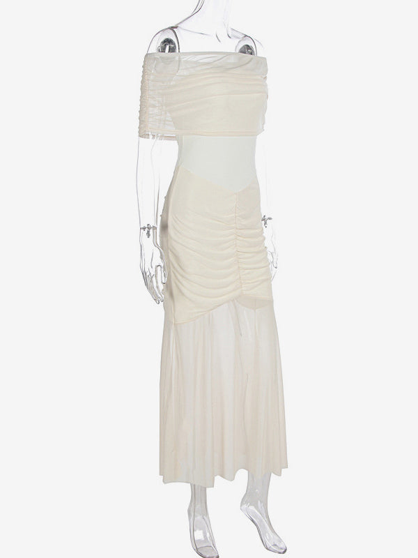 Pleated Maxi Dresses Off-Shoulder Sheer Semi-formal Party Long Dress For Women 2026