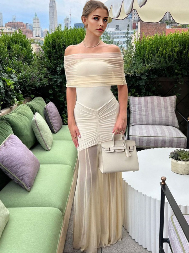 Pleated Maxi Dresses Off-Shoulder Sheer Semi-formal Party Long Dress For Women 2026