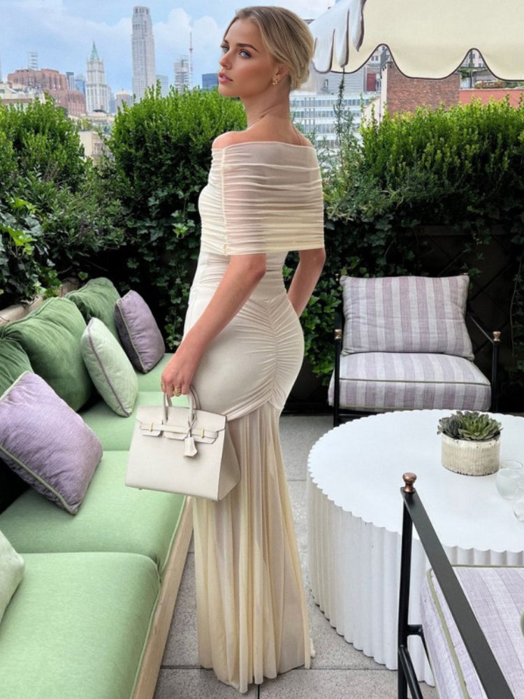 Pleated Maxi Dresses Off-Shoulder Sheer Semi-formal Party Long Dress For Women 2026