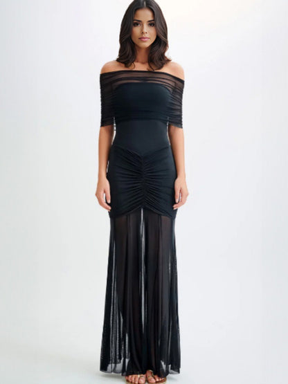 Pleated Maxi Dresses Off-Shoulder Sheer Semi-formal Party Long Dress For Women 2026