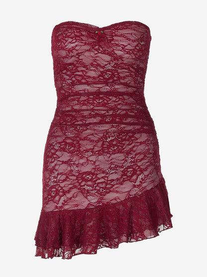 Lace Bodycon Dress In Burgundy Sleeveless Ruffles Hem Sexy Mini Club Dress For Women 2026