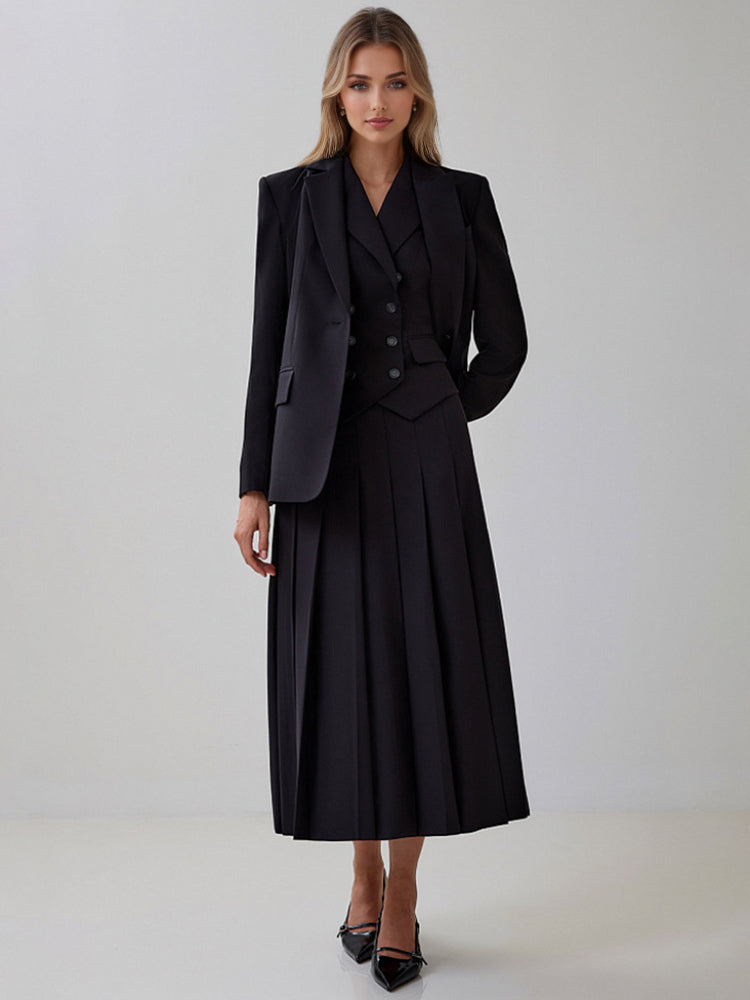 Office Two Piece Co-ord Set For Women Double-breasted Lapel Vest And Pleated Long Skirt Summer Outfit 2026
