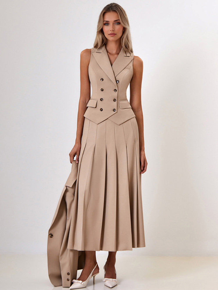Office Two Piece Co-ord Set For Women Double-breasted Lapel Vest And Pleated Long Skirt Summer Outfit 2026
