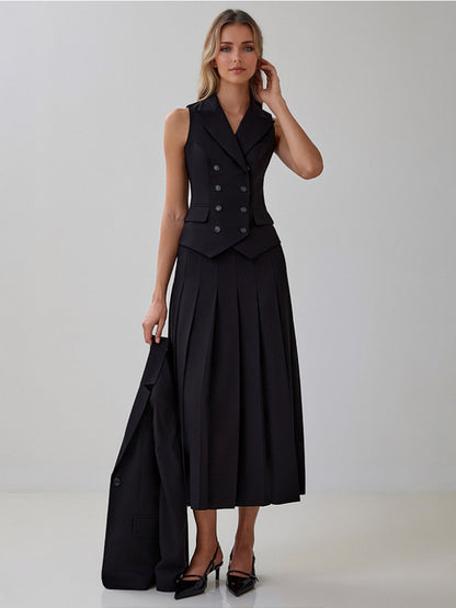 Office Two Piece Co-ord Set For Women Double-breasted Lapel Vest And Pleated Long Skirt Summer Outfit 2026