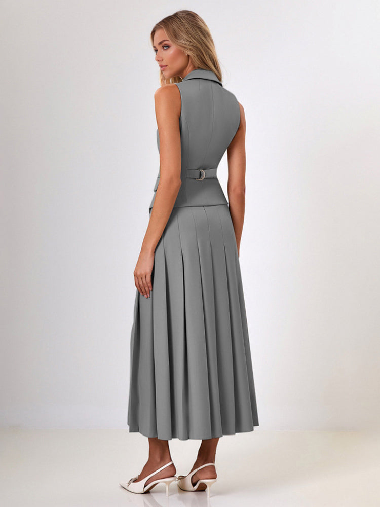 Office Two Piece Co-ord Set For Women Double-breasted Lapel Vest And Pleated Long Skirt Summer Outfit 2026