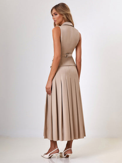 Office Two Piece Co-ord Set For Women Double-breasted Lapel Vest And Pleated Long Skirt Summer Outfit 2026