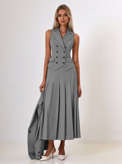 Office Two Piece Co-ord Set For Women Double-breasted Lapel Vest And Pleated Long Skirt Summer Outfit 2026