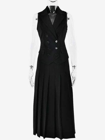 Office Two Piece Co-ord Set For Women Double-breasted Lapel Vest And Pleated Long Skirt Summer Outfit 2026