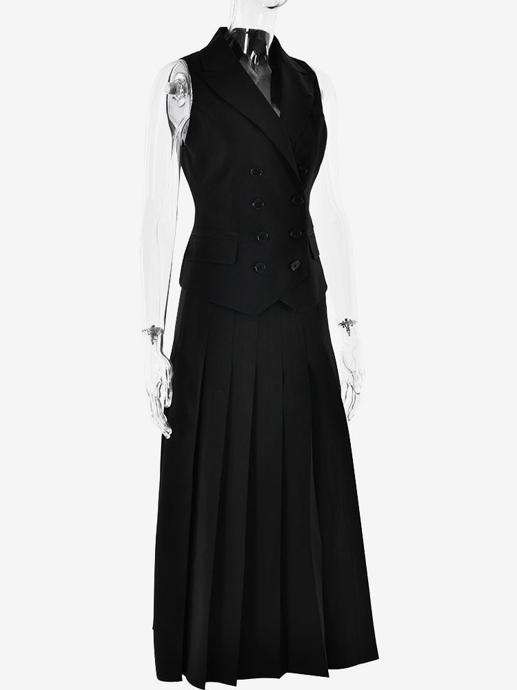 Office Two Piece Co-ord Set For Women Double-breasted Lapel Vest And Pleated Long Skirt Summer Outfit 2026