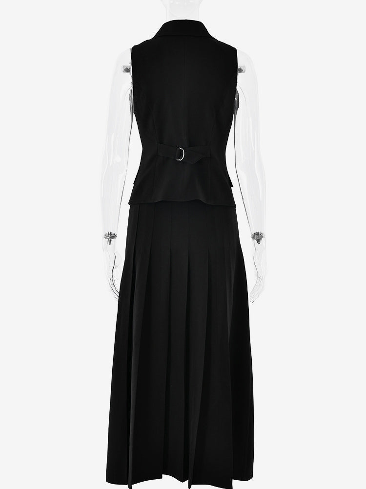 Office Two Piece Co-ord Set For Women Double-breasted Lapel Vest And Pleated Long Skirt Summer Outfit 2026