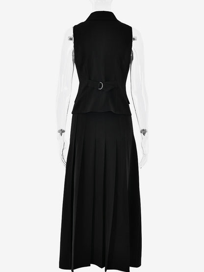 Office Two Piece Co-ord Set For Women Double-breasted Lapel Vest And Pleated Long Skirt Summer Outfit 2026