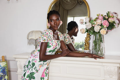 Floral Bow Draped Short Sleeve Midi Dress