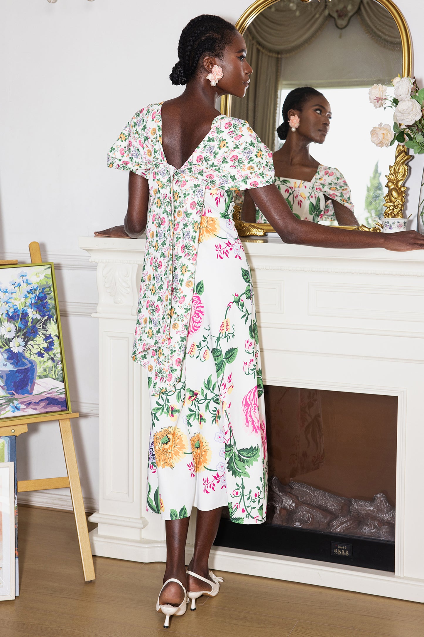 Floral Bow Draped Short Sleeve Midi Dress