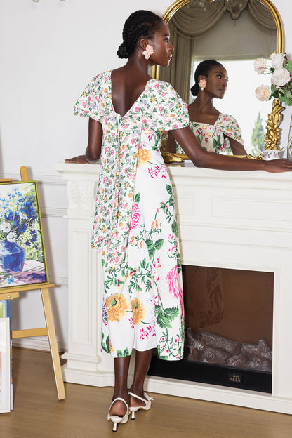 Floral Bow Draped Short Sleeve Midi Dress