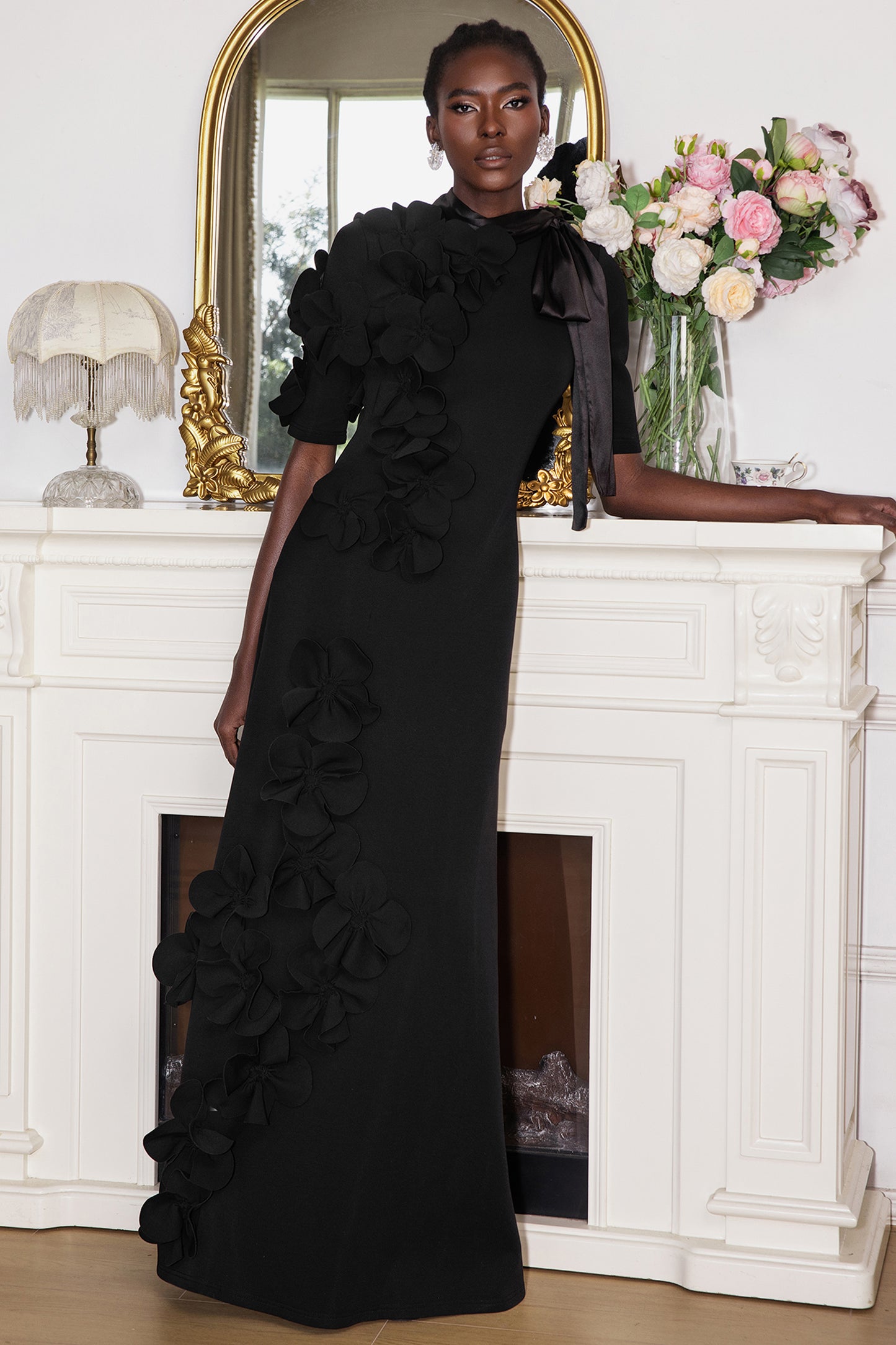 3D Flower Lace Up Mid Sleeve Maxi Dress