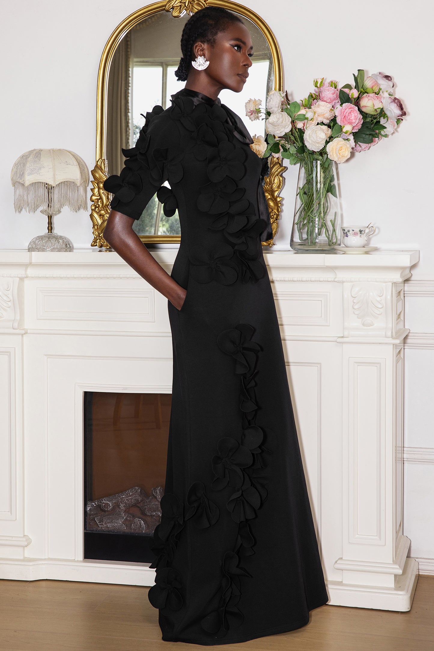 3D Flower Lace Up Mid Sleeve Maxi Dress