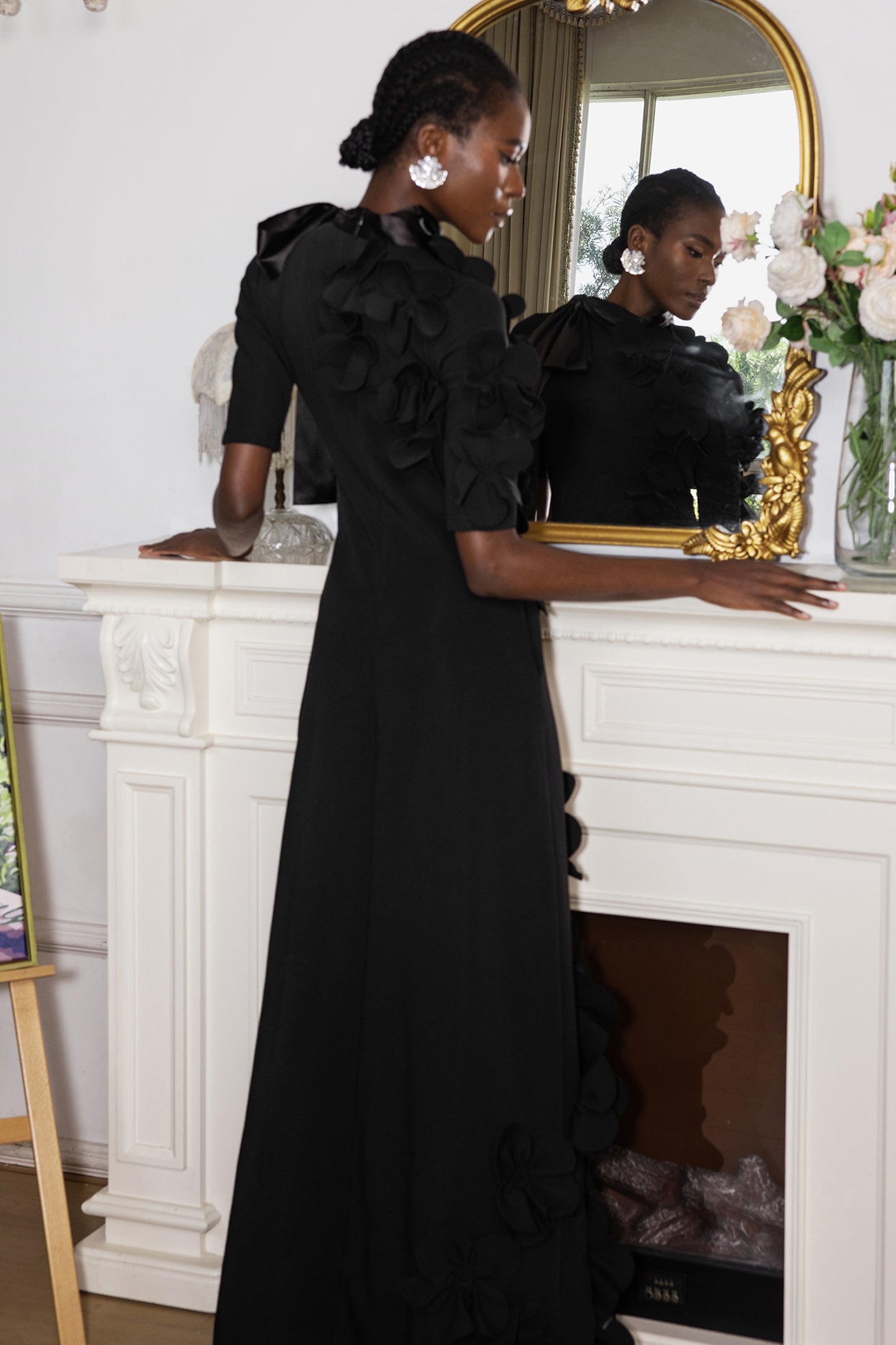 3D Flower Lace Up Mid Sleeve Maxi Dress