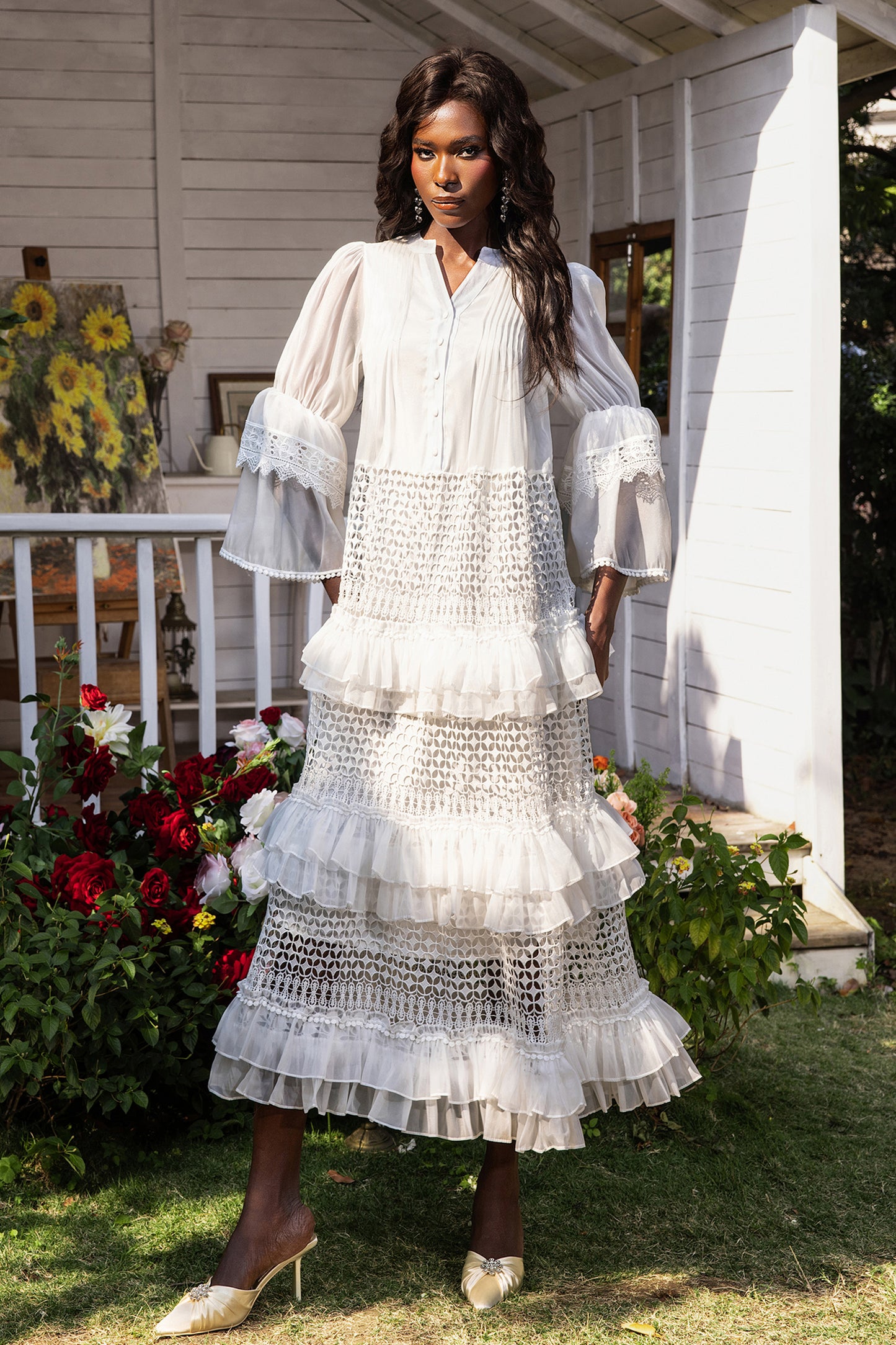 Bell Sleeve Frill Lace Midi Dress