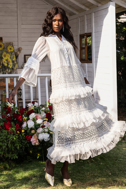 Bell Sleeve Frill Lace Midi Dress