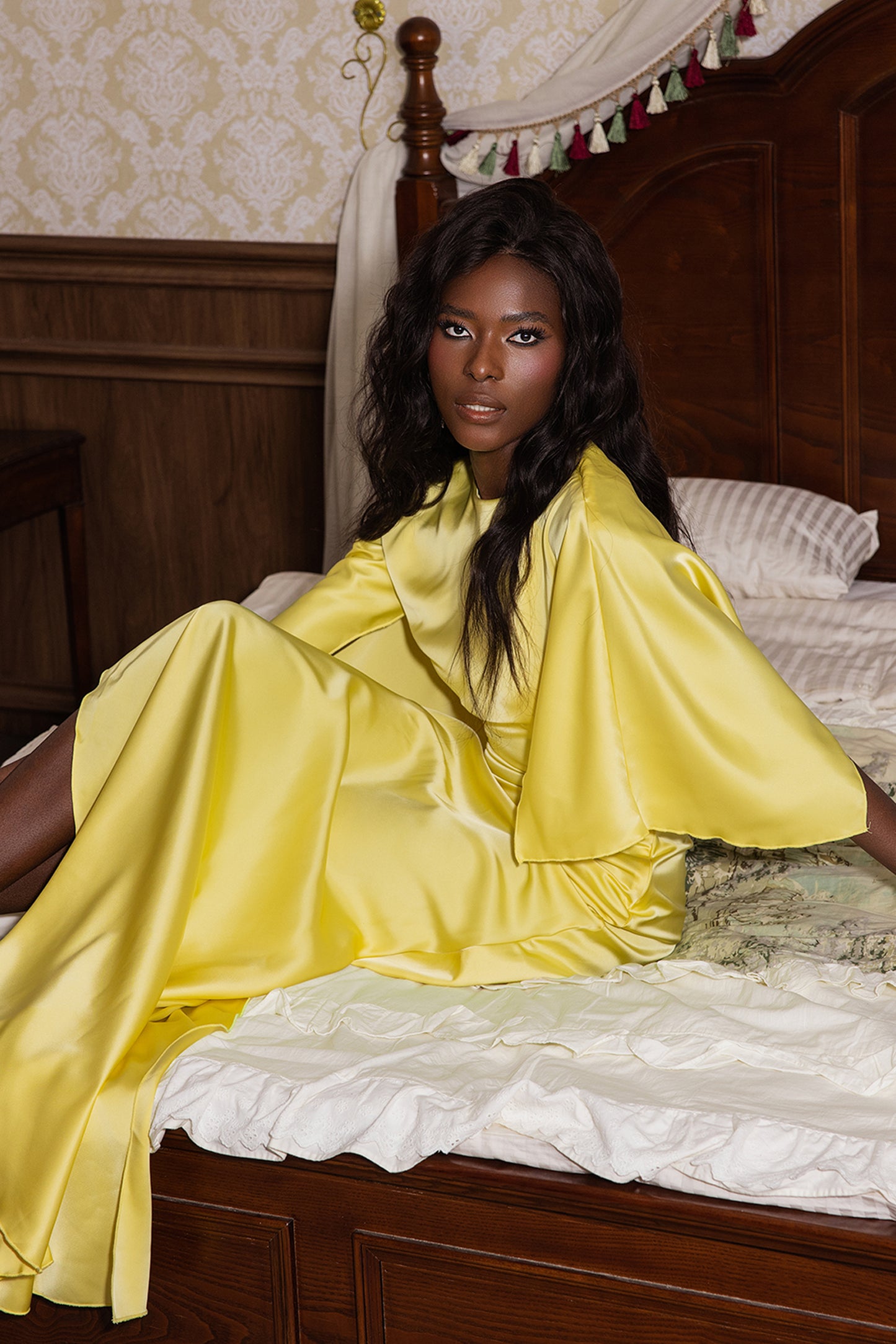 Satin Ruched Cape Sleeve Split Maxi Dress