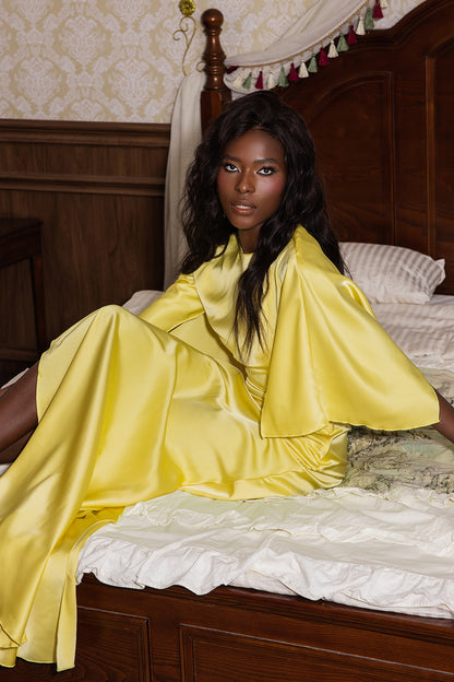 Satin Ruched Cape Sleeve Split Maxi Dress