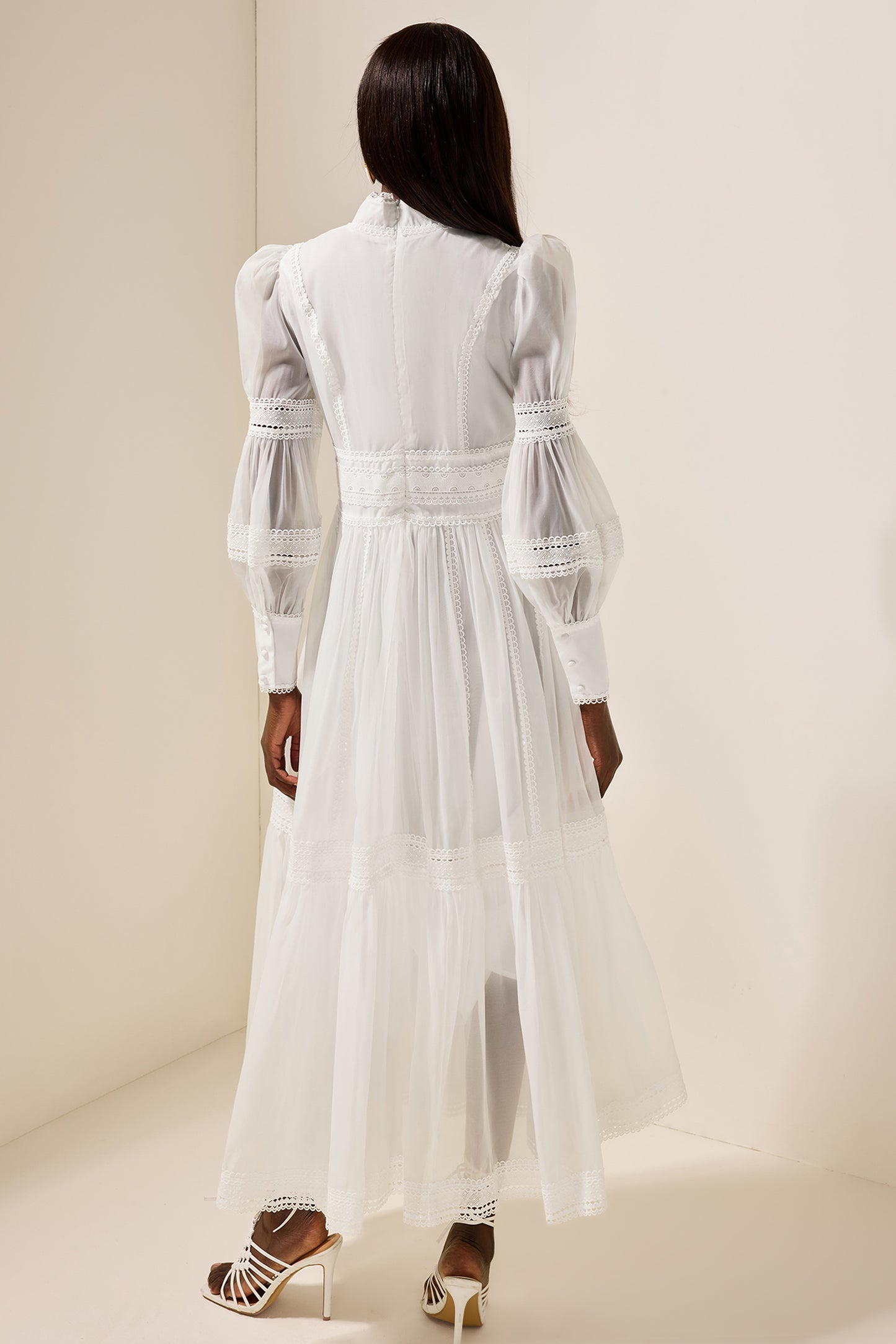 Stand Collar Puff Sleeve Lace Midi Dress