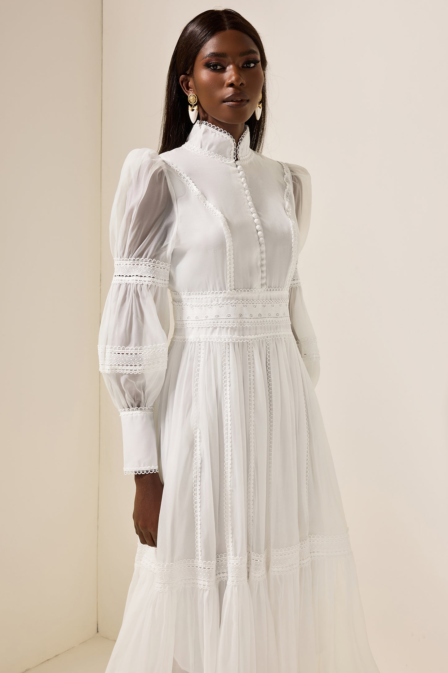 Stand Collar Puff Sleeve Lace Midi Dress