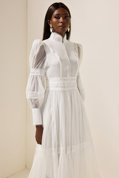 Stand Collar Puff Sleeve Lace Midi Dress