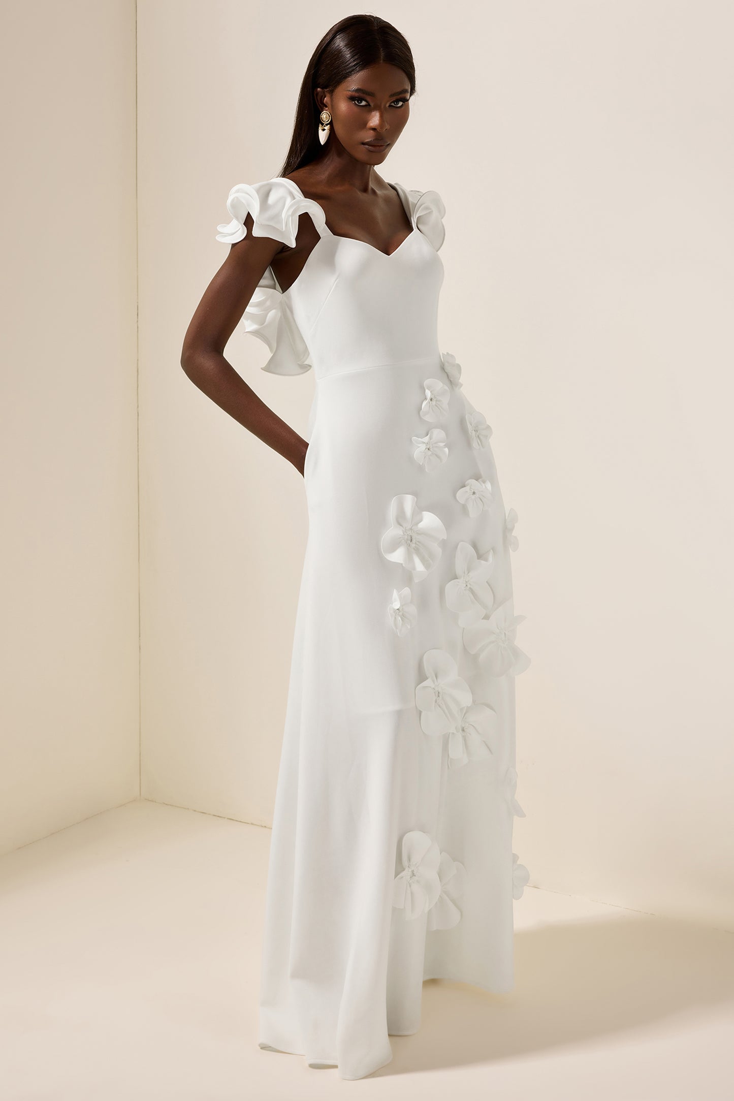 3D Flower Frill Sleeveless Maxi Dress