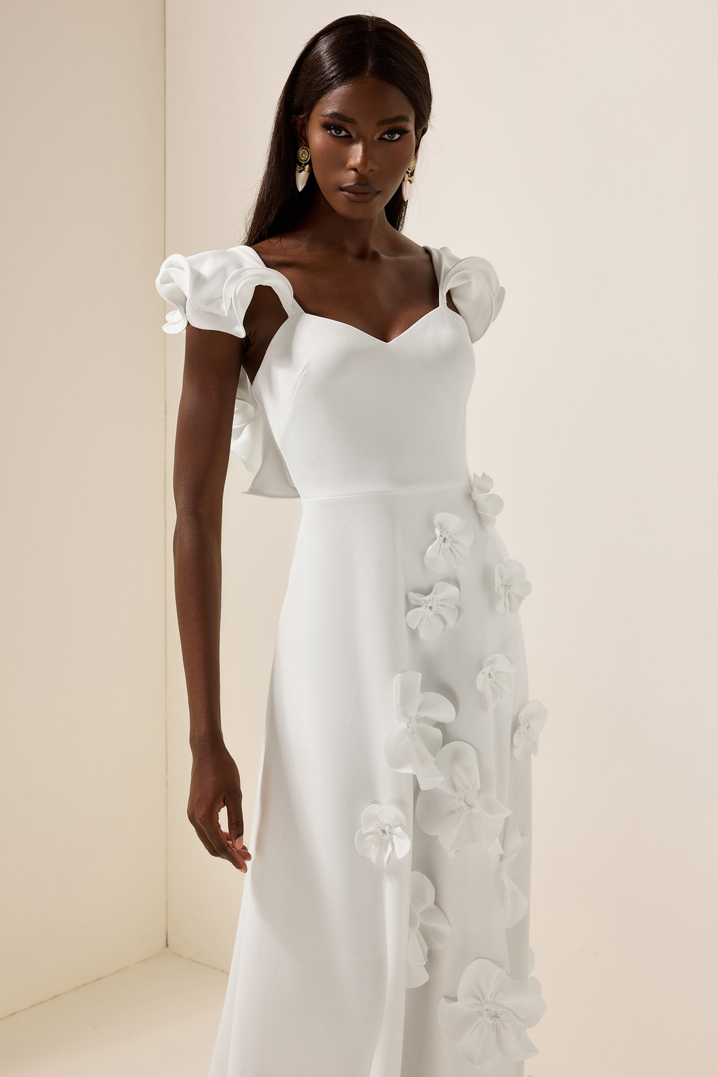 3D Flower Frill Sleeveless Maxi Dress