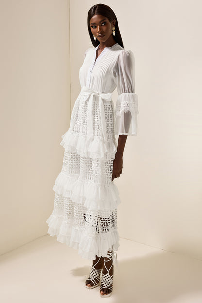 Bell Sleeve Frill Lace Midi Dress