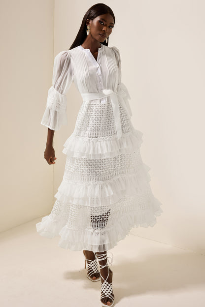 Bell Sleeve Frill Lace Midi Dress