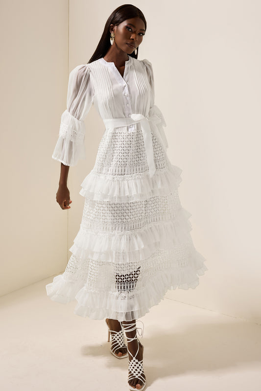 Bell Sleeve Frill Lace Midi Dress