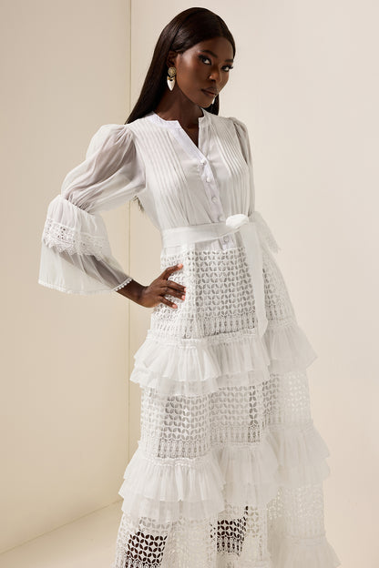 Bell Sleeve Frill Lace Midi Dress
