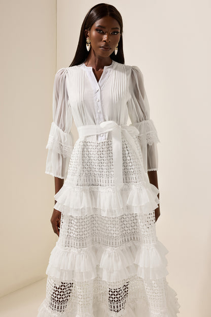 Bell Sleeve Frill Lace Midi Dress