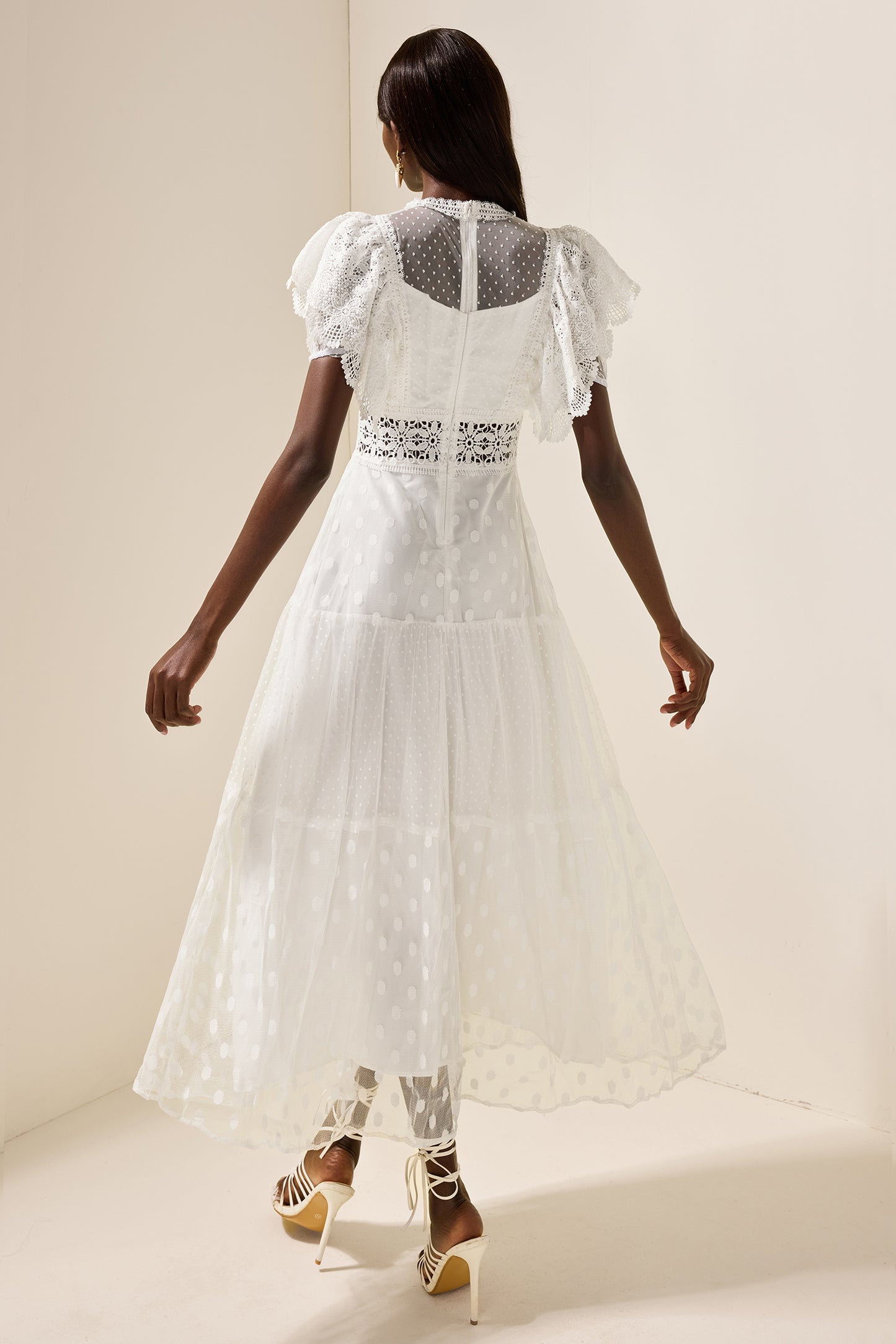 Mesh Lace Frill Midi Dress