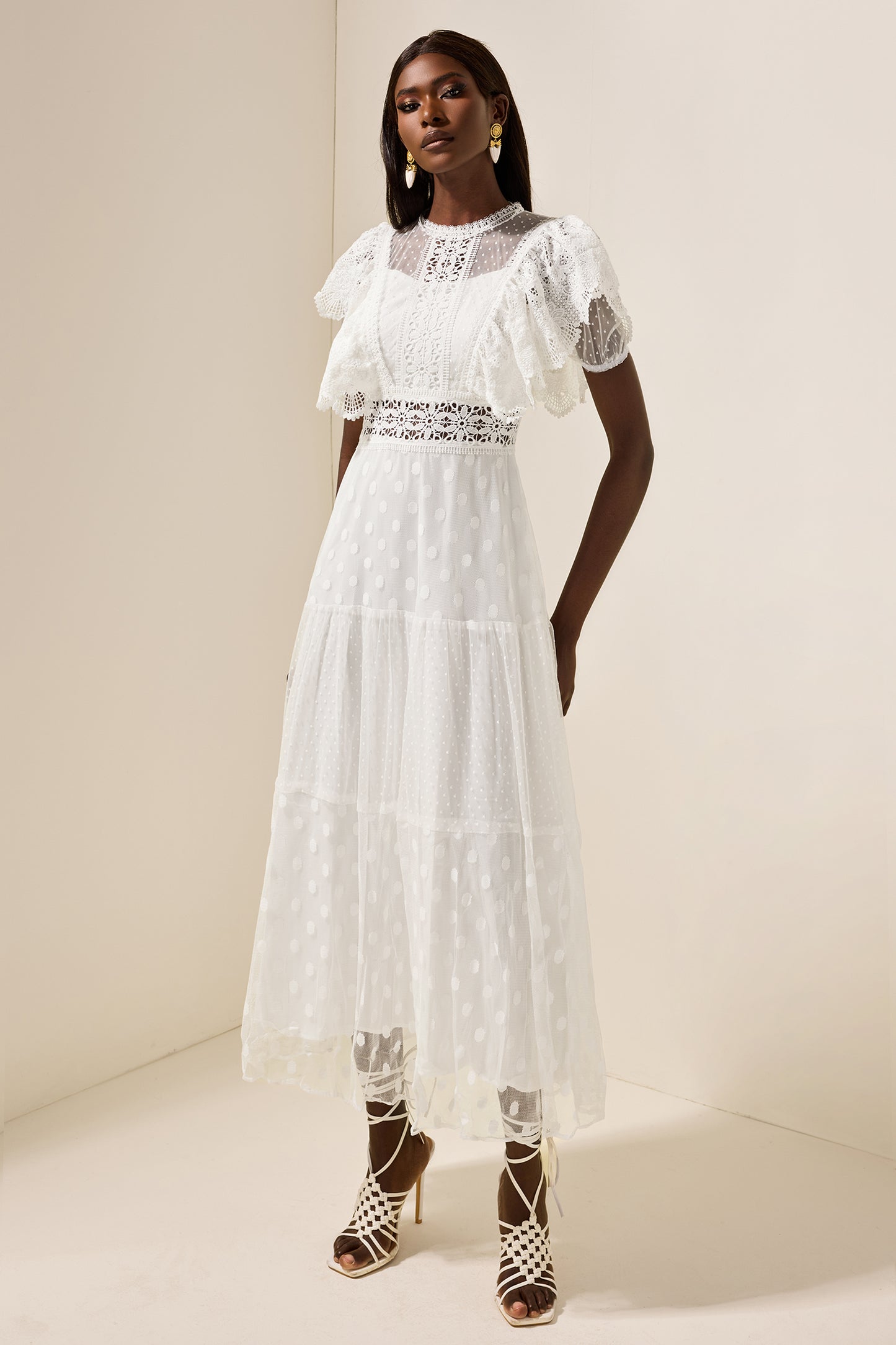 Mesh Lace Frill Midi Dress