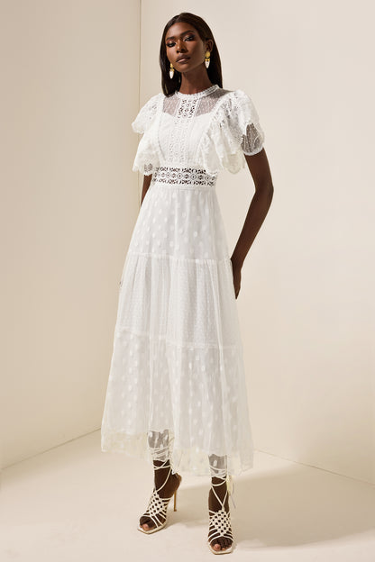 Mesh Lace Frill Midi Dress