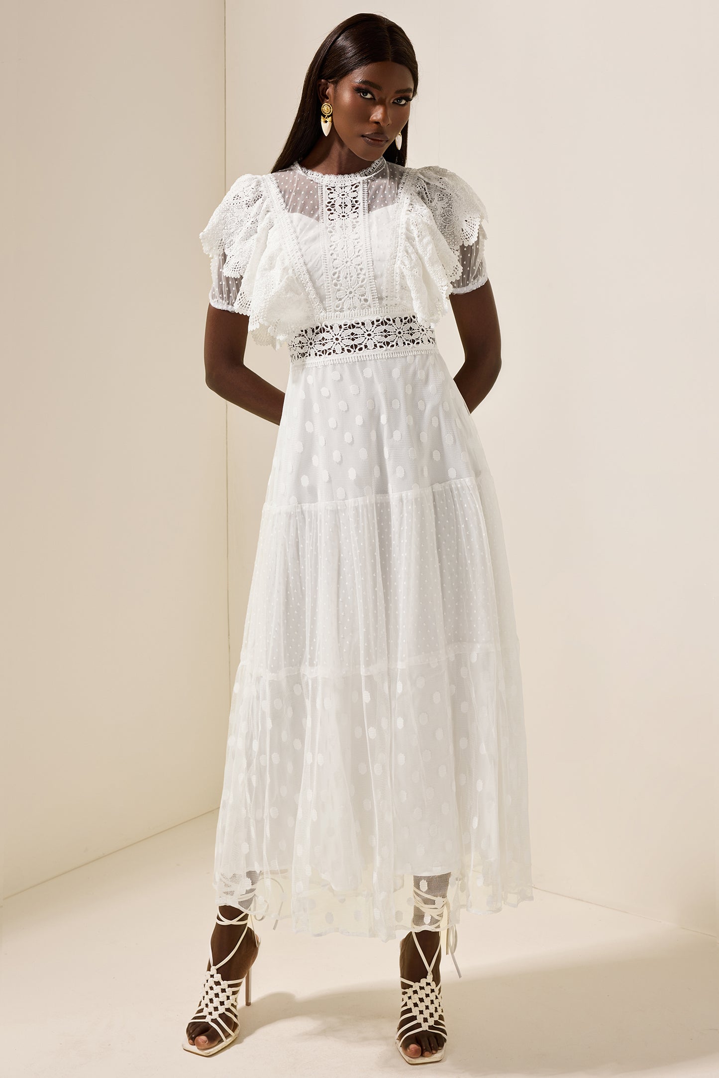 Mesh Lace Frill Midi Dress