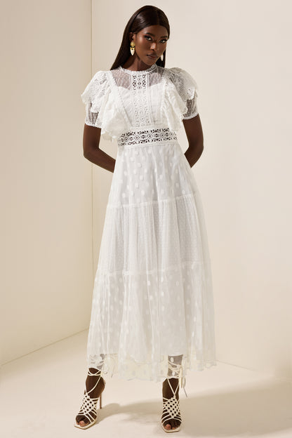 Mesh Lace Frill Midi Dress