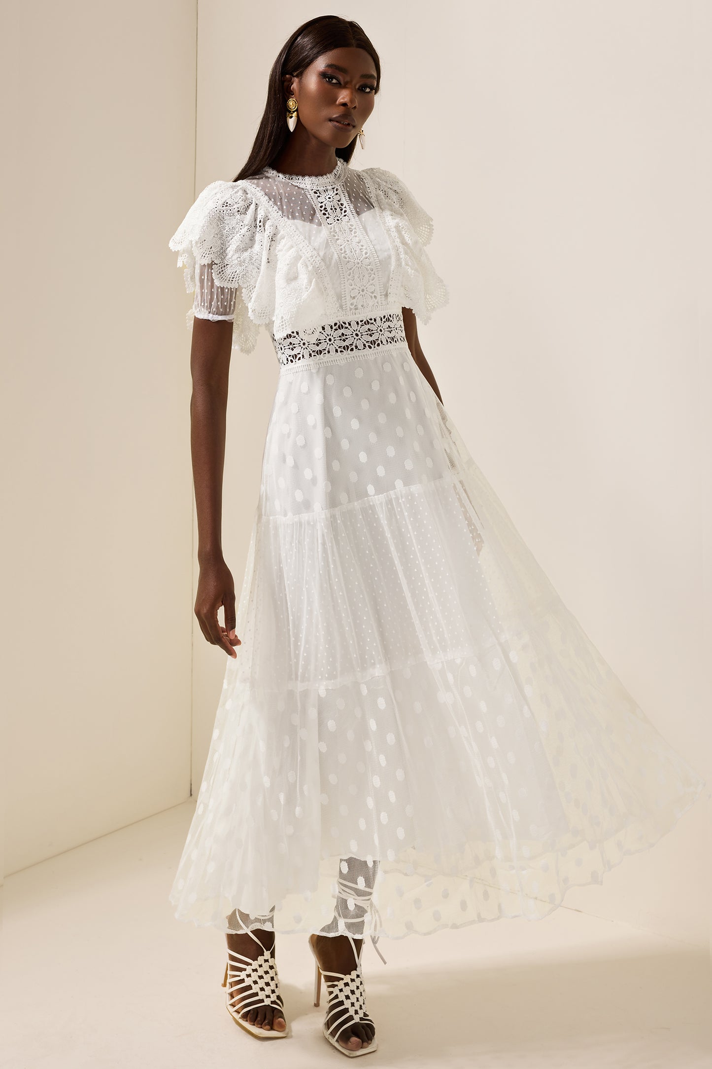 Mesh Lace Frill Midi Dress