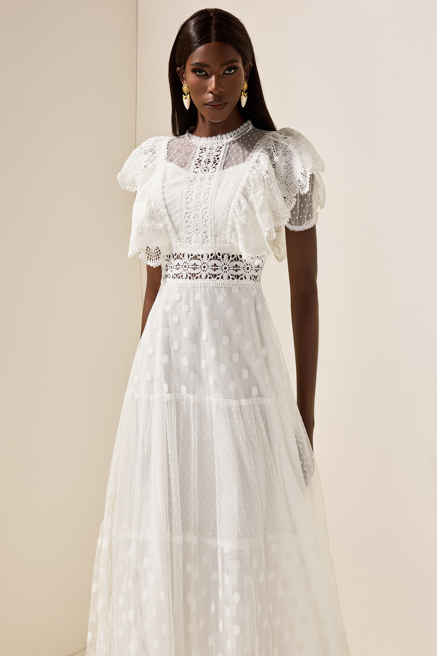 Mesh Lace Frill Midi Dress