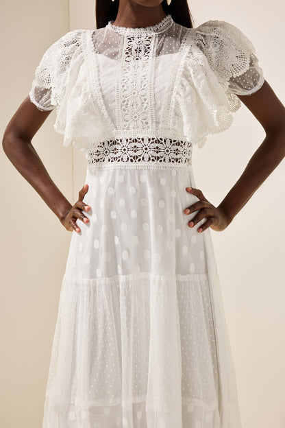 Mesh Lace Frill Midi Dress