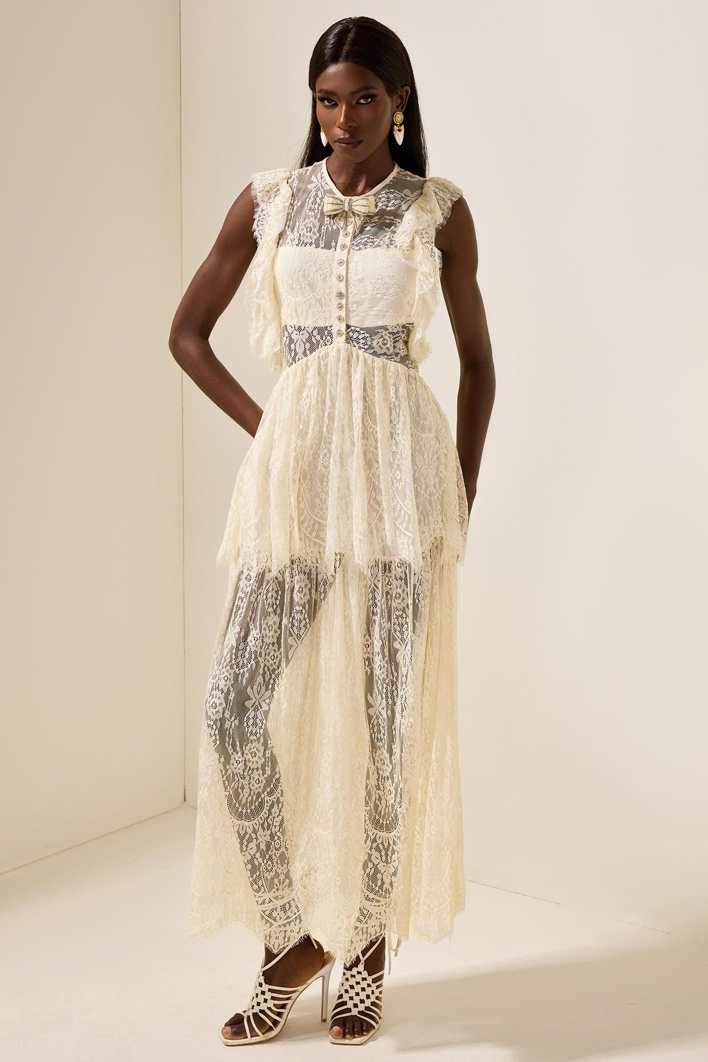 Lace Bow Frill Round Neck Midi Dress